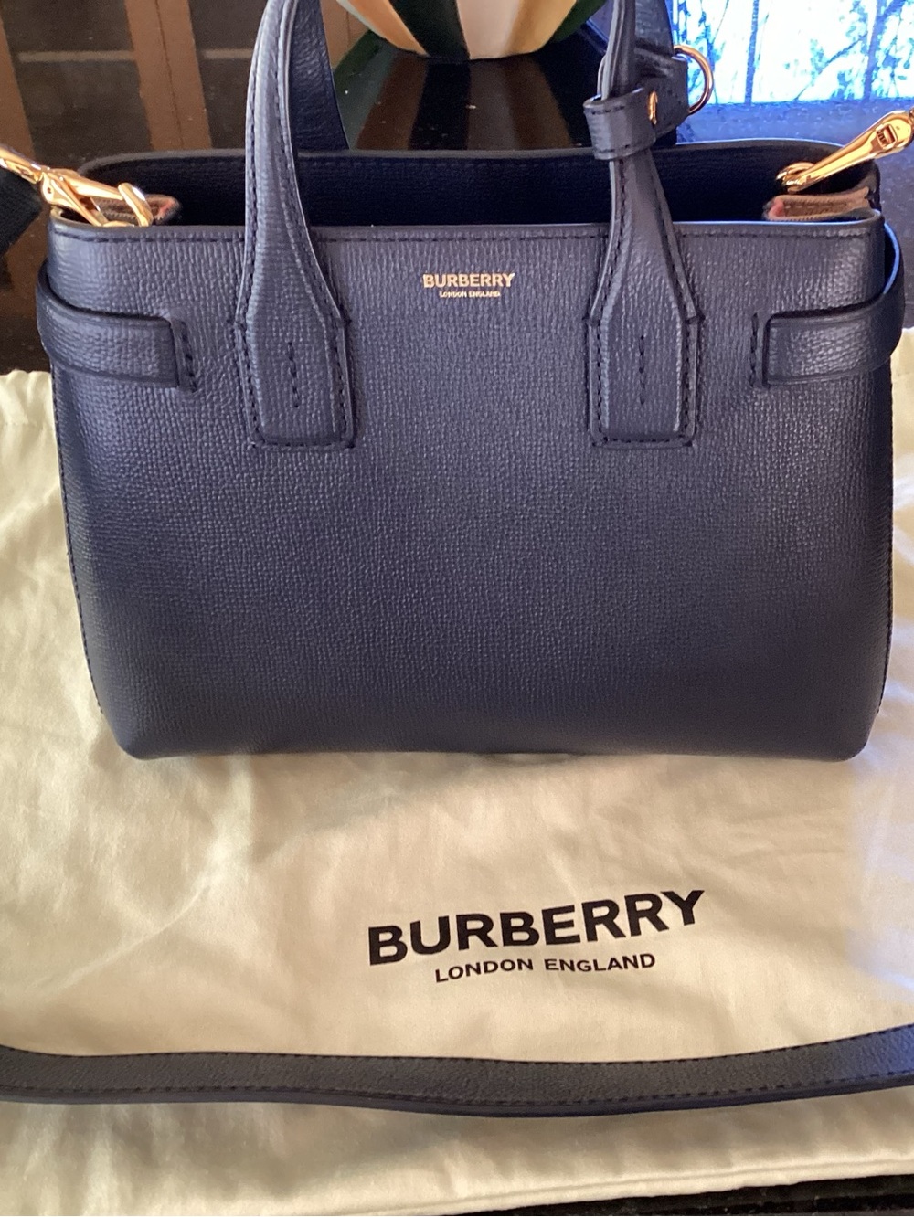 Burberry Navy Leather Mini Banner bag with Gold Hardware